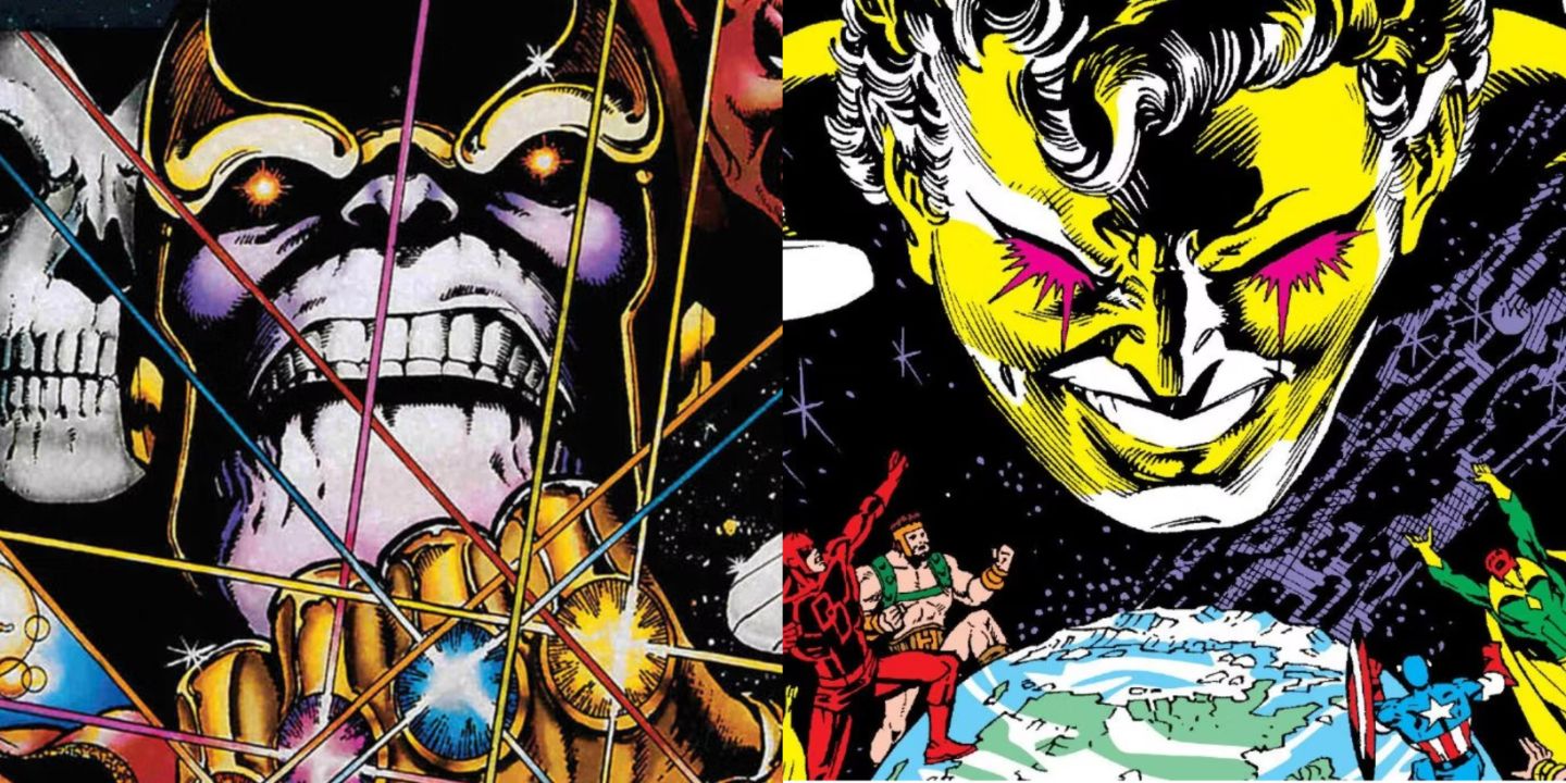 A split image of Thanos with the Infinity Gauntlet and the Beyonder in Marvel Comics
