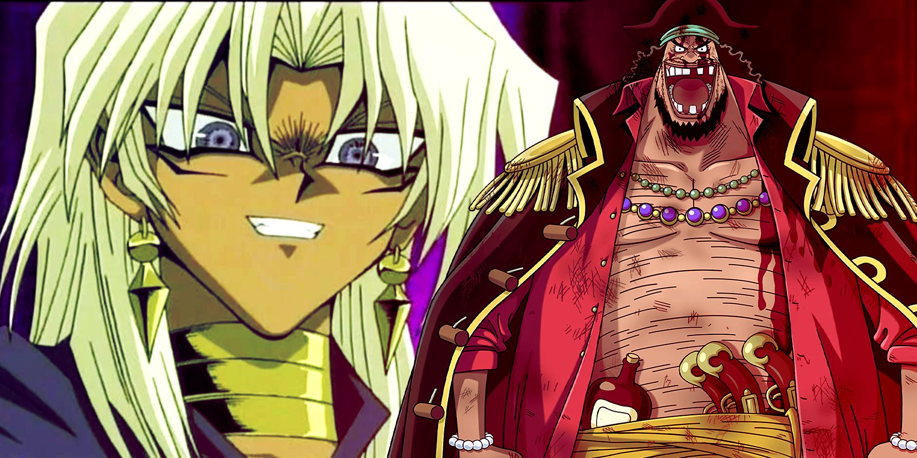 Collage image of Marik from Yu-Gi-Oh! and Captain Blackbeard from One Piece.