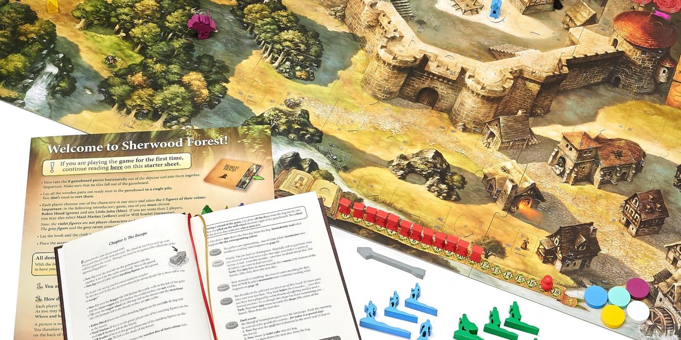 The rulebook, board, and pieces of The Adventures of Robin Hood board game