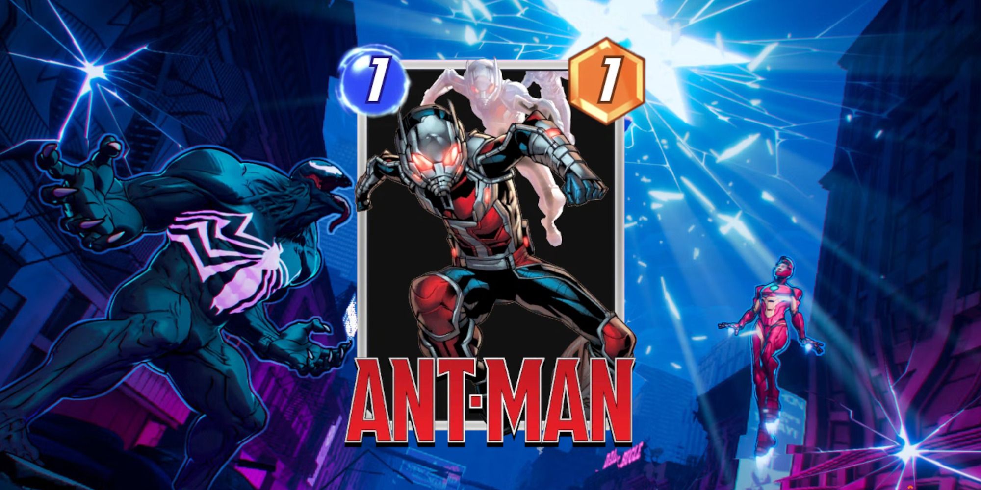 The Ant-Man card from Marvel Snap on top of promotional art.