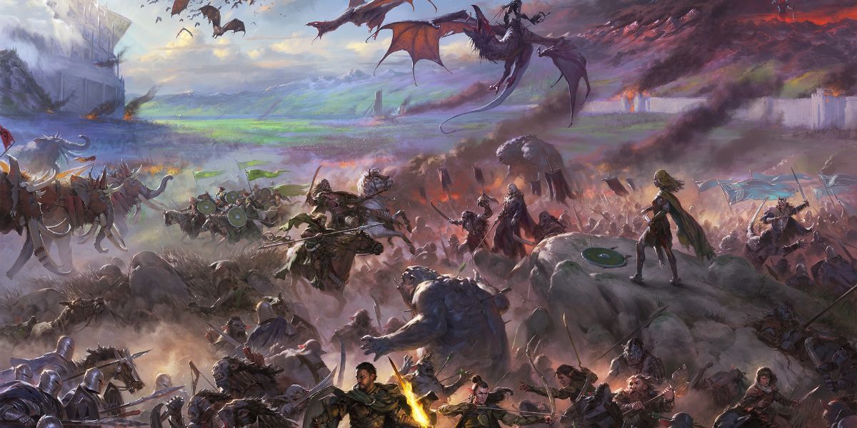 The Battle of Pelenor Fields depicted in Magic's Lord of the Rings set