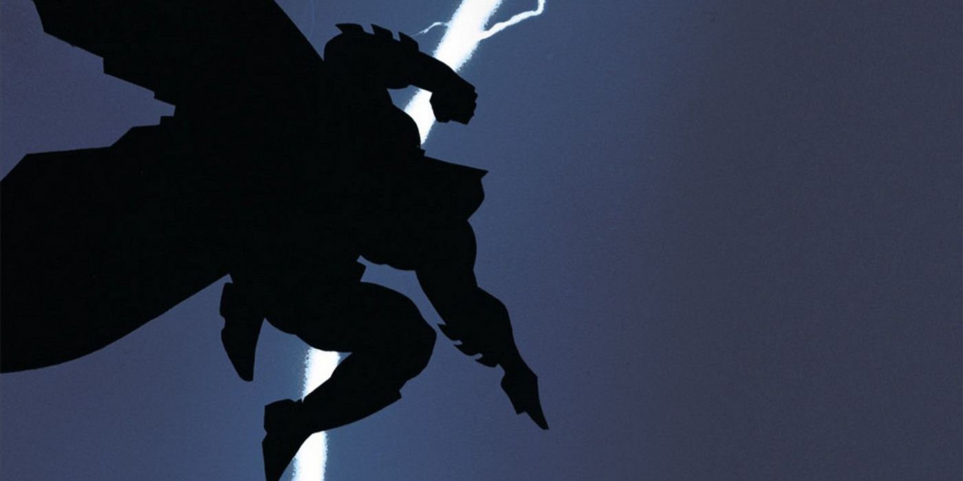 The Dark Knight Returns art featuring the silhouette of Batman leaping as lightning strikes.