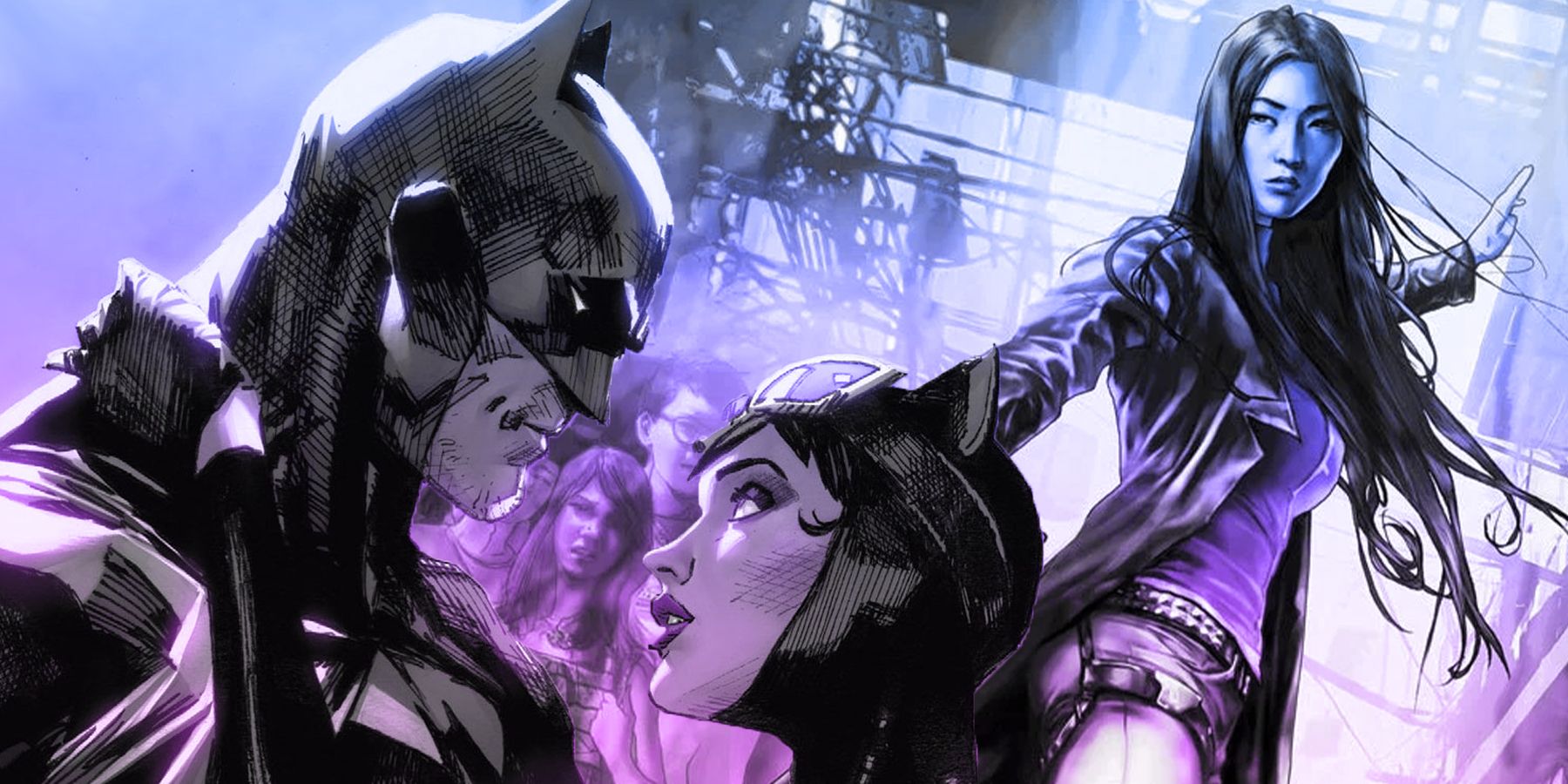 Batman and Catwoman with Lady Shiva in the background