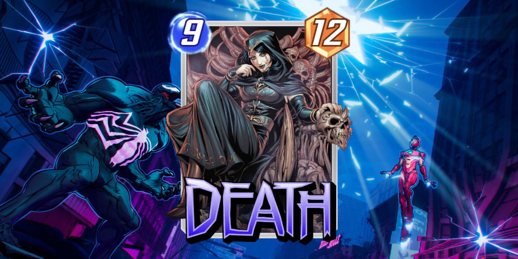 The Death card in Marvel Snap on top of promotional art for the game.