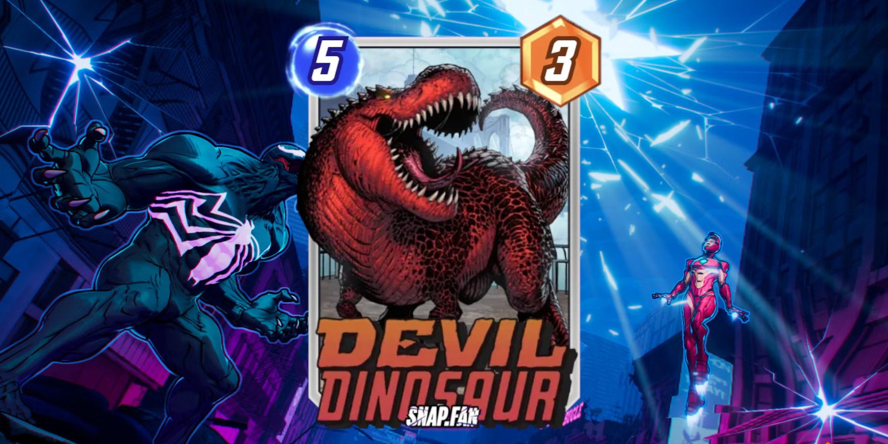 The Devil Dinosaur card in Marvel Snap on top of promotional art for the game