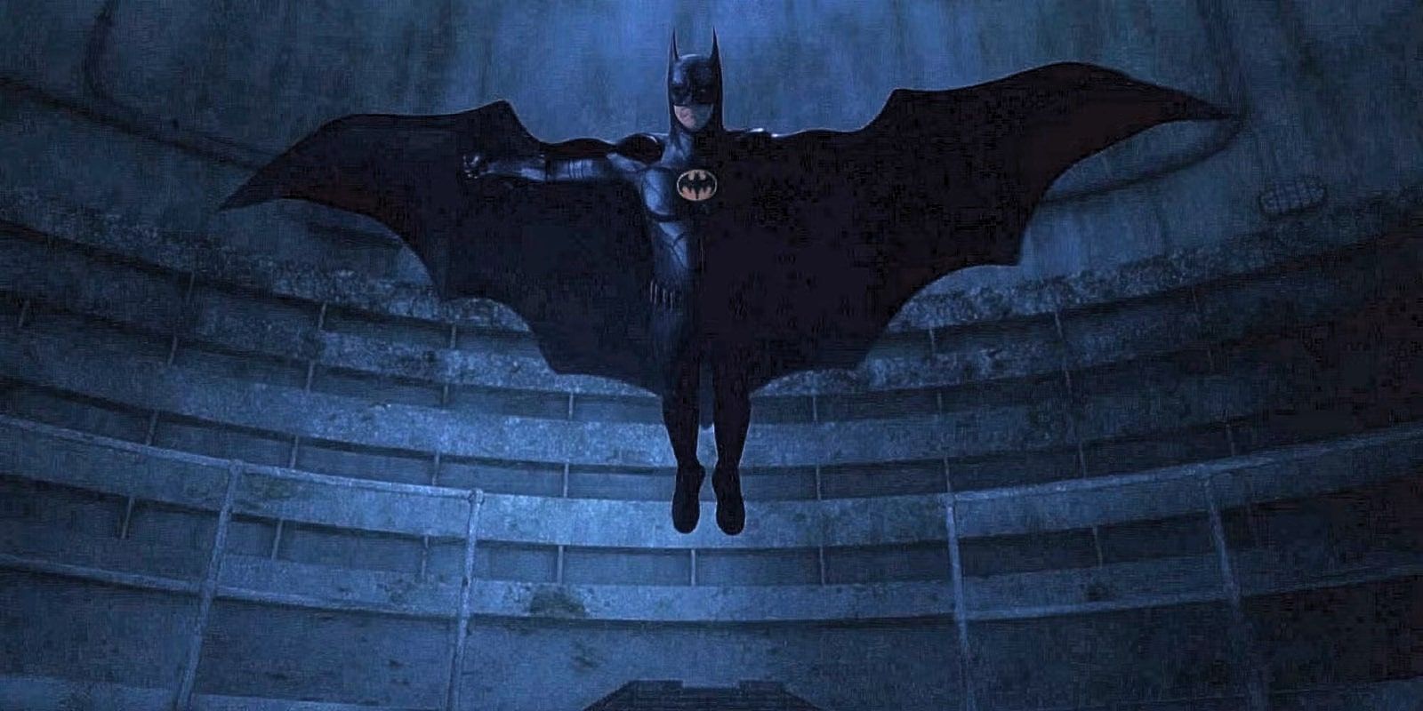 Michael Keaton's Batman with his wings up in The Flash.