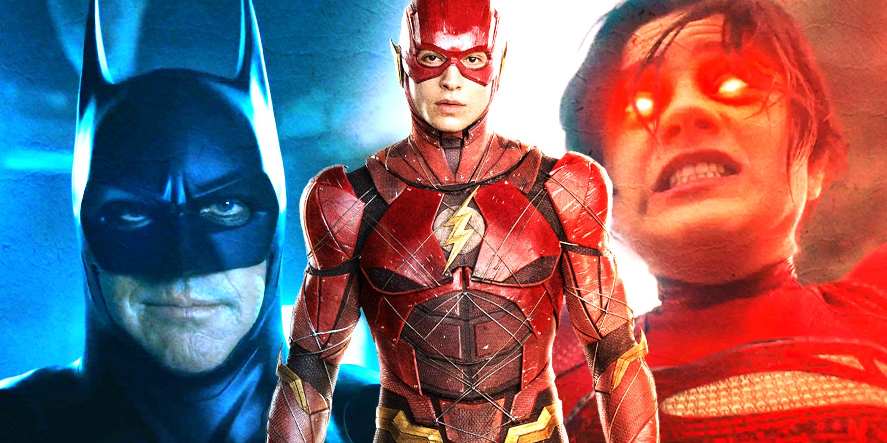 Ezra Miller's Flash in front of Michael Keaton's Batman and Sasha Calle's Supergirl