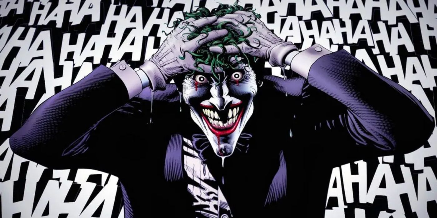 O Coringa no limite da razão, rindo histericamente em The Killing Joke, da DC Comics