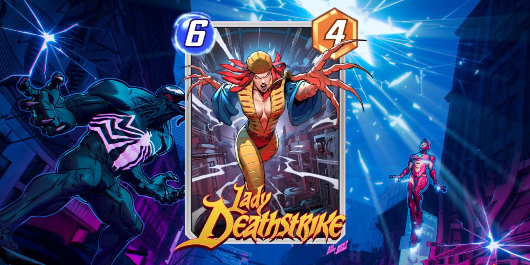 The Lady Deathstrike card in Marvel Snap on top of promotional art for the game