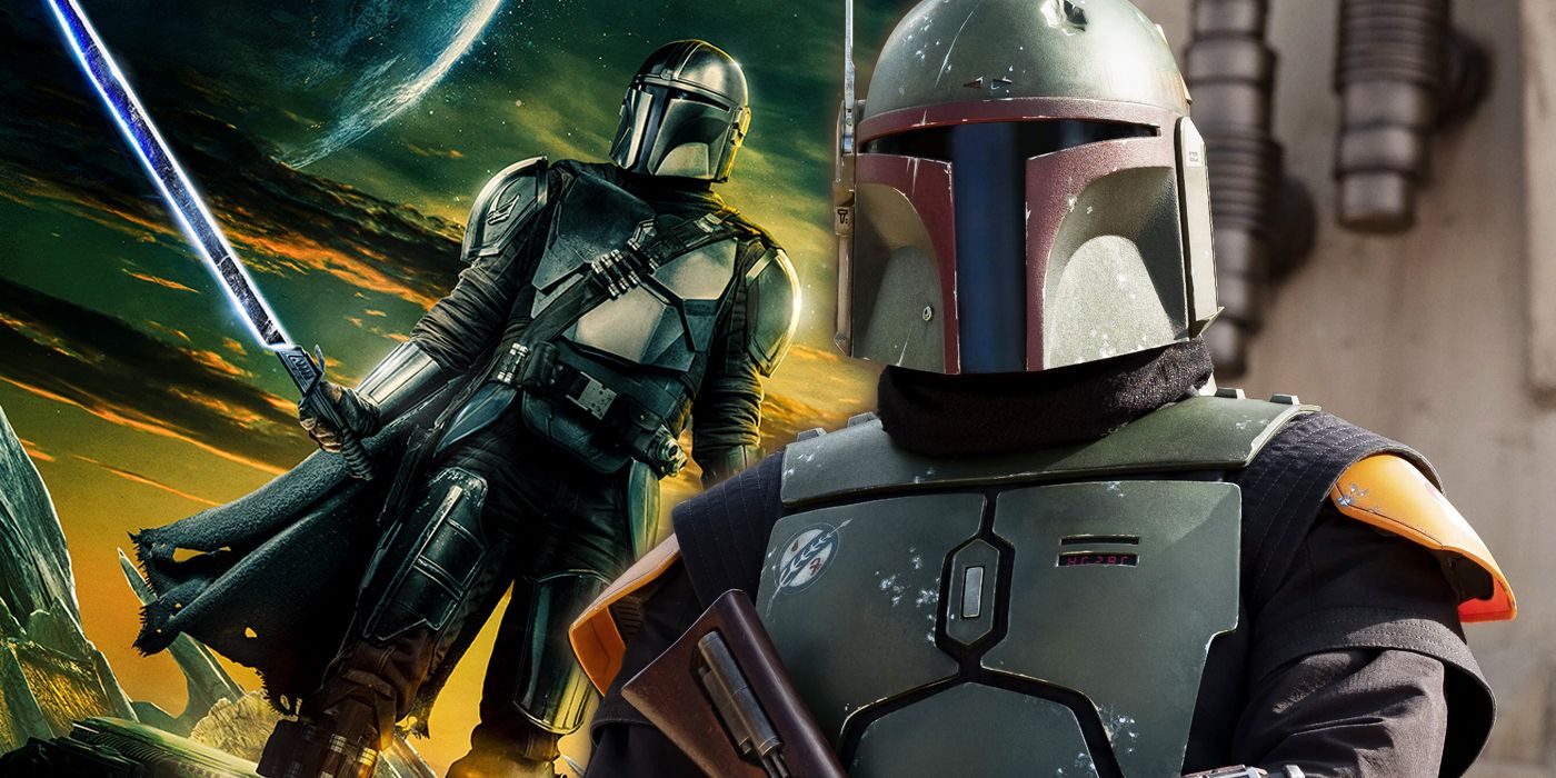Din Djarin holds the Dark Saber and Boba Fett appears in his iconic armor
