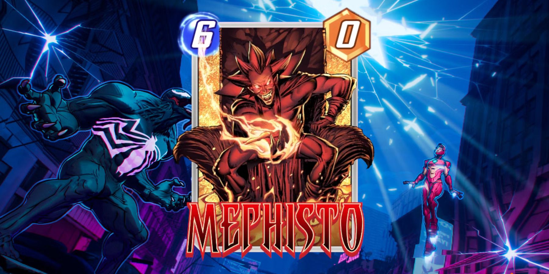 The Mephisto card in Marvel Snap on top of promotional art for the game