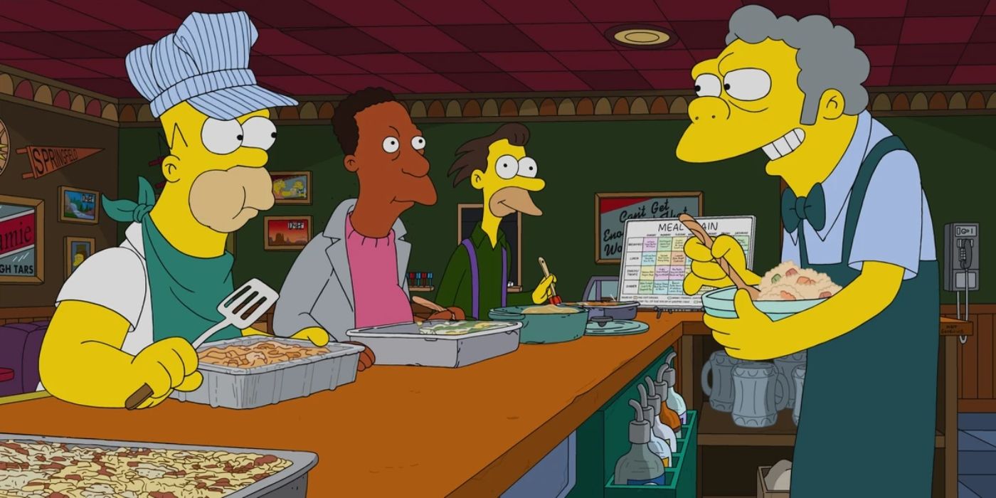 The Simpsons Homer Lenny and Carl eating at Moe's while Moe smiles holding pasta