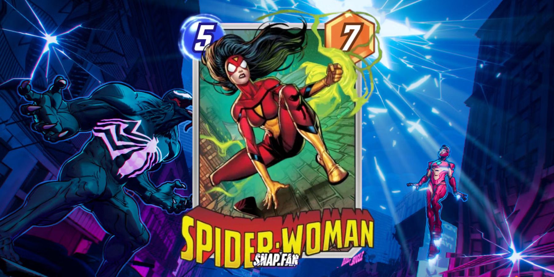 The Spider-Woman card in Marvel Snap on top of promotional art for the game