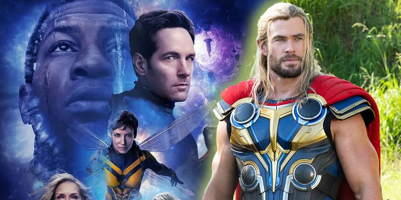 Thor next to a poster for Quantumania that features Scott Lang, Hope Van Dyne and Kang.