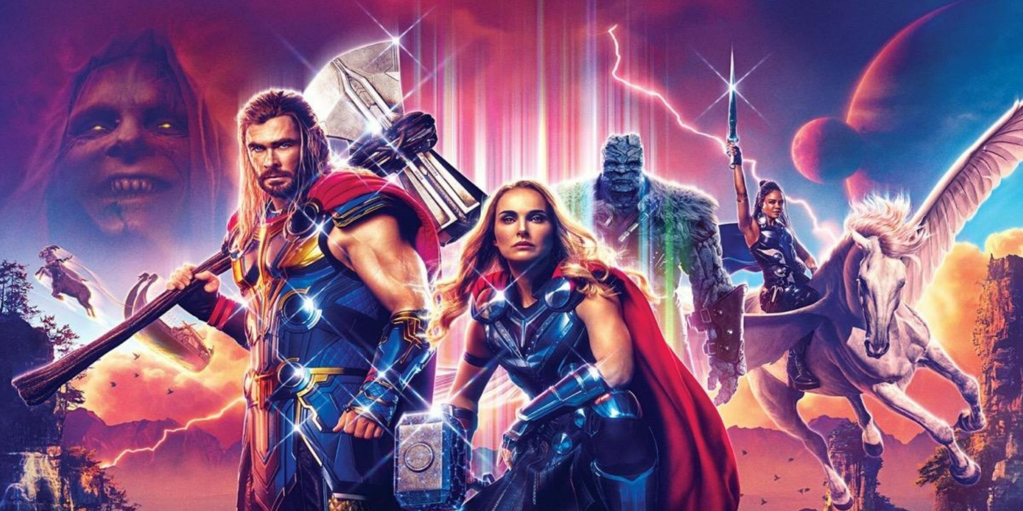 A promotional poster for Phase 4's Thor: Love and Thunder, with Thor played by Chris Hemsworth, Jane Foster played by Natalie Portman, Valkyrie played by Tessa Thompson, Korg played by Taika Waititi and Gorr the God Butcher played by Christian Bale.