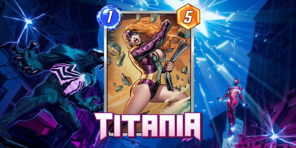 Cartão Titania Marvel Snap com fundo Marvel Snap.