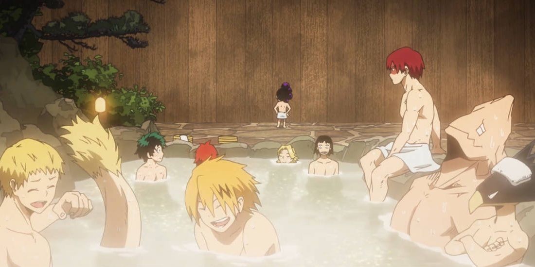 Deku Kaminara Koda Todoroki Mineta Tokoyami em fontes termais