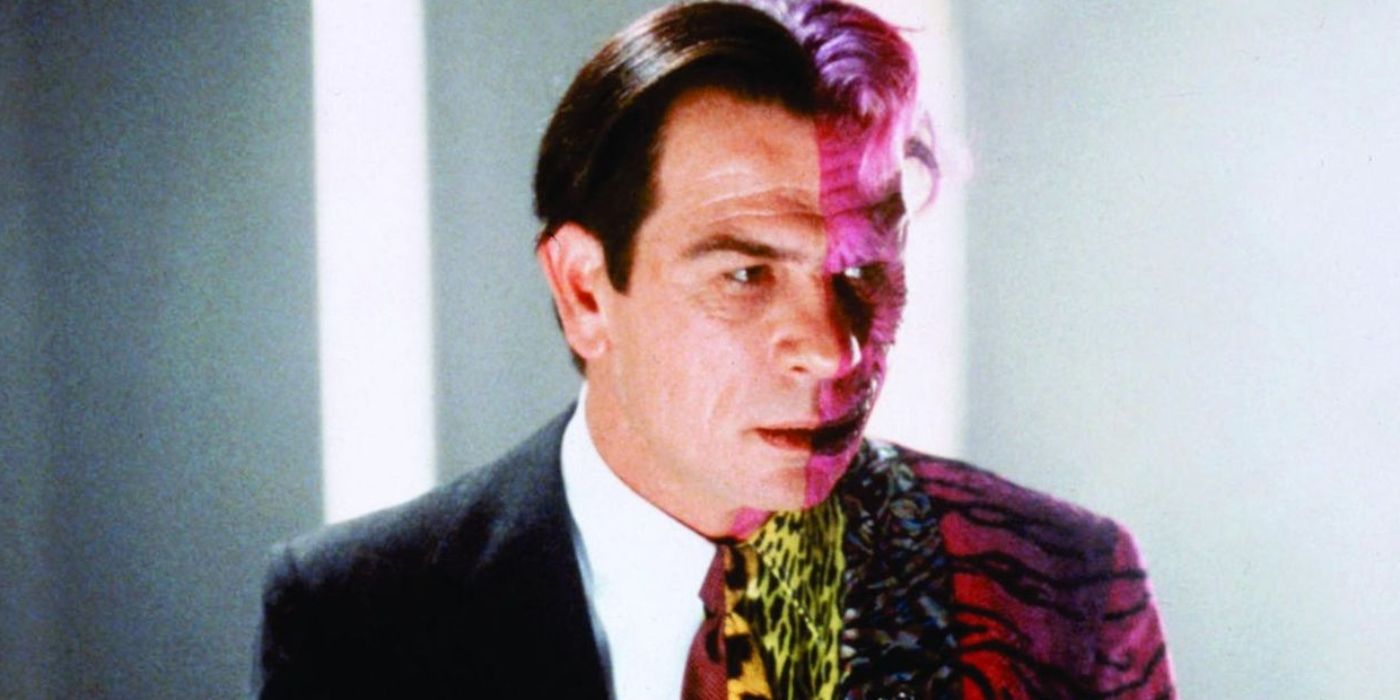 A medium shot of Tommy Lee Jones in Two-Face makeup for Batman Forever.