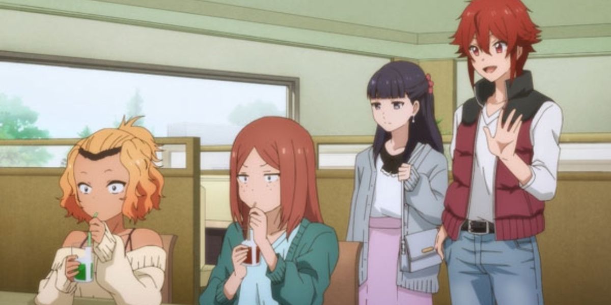 tomo e misuzu cumprimentando colegas fora da escola em tomo-chan é uma menina