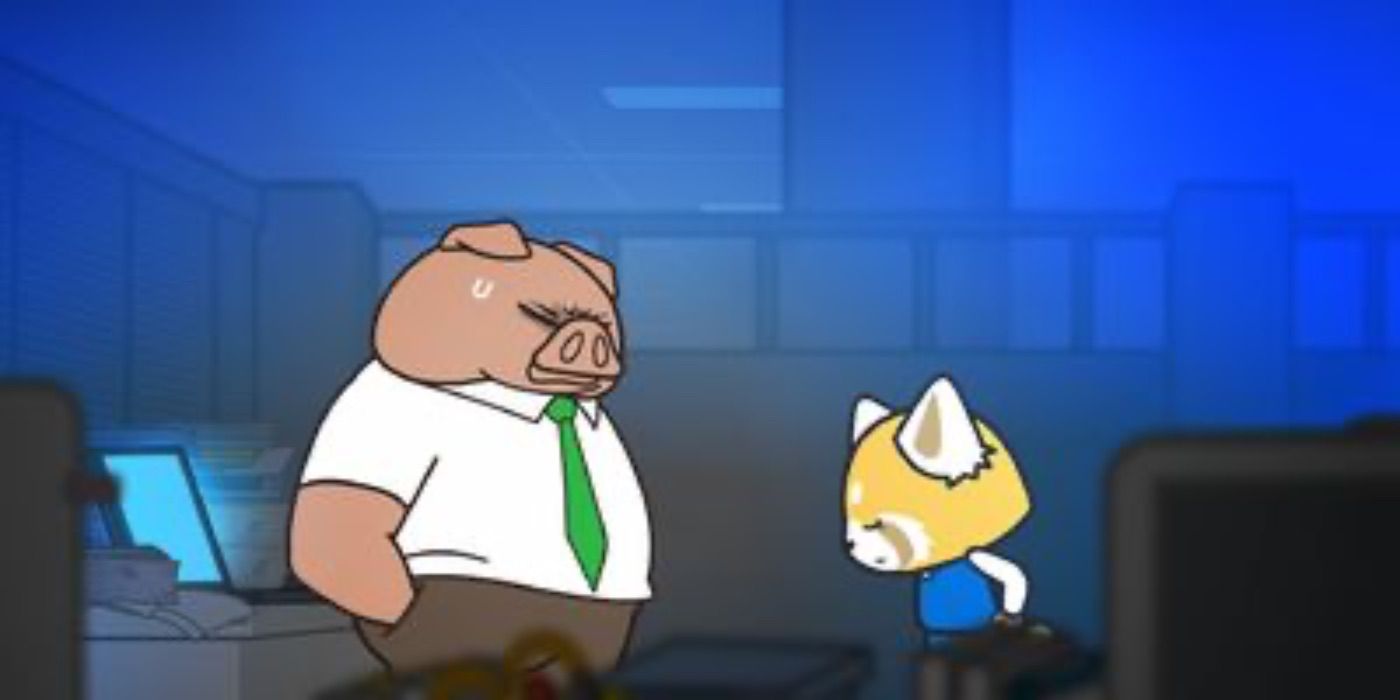 Ton e Retsuko tendo um coração a coração no escritório de Aggretsuko