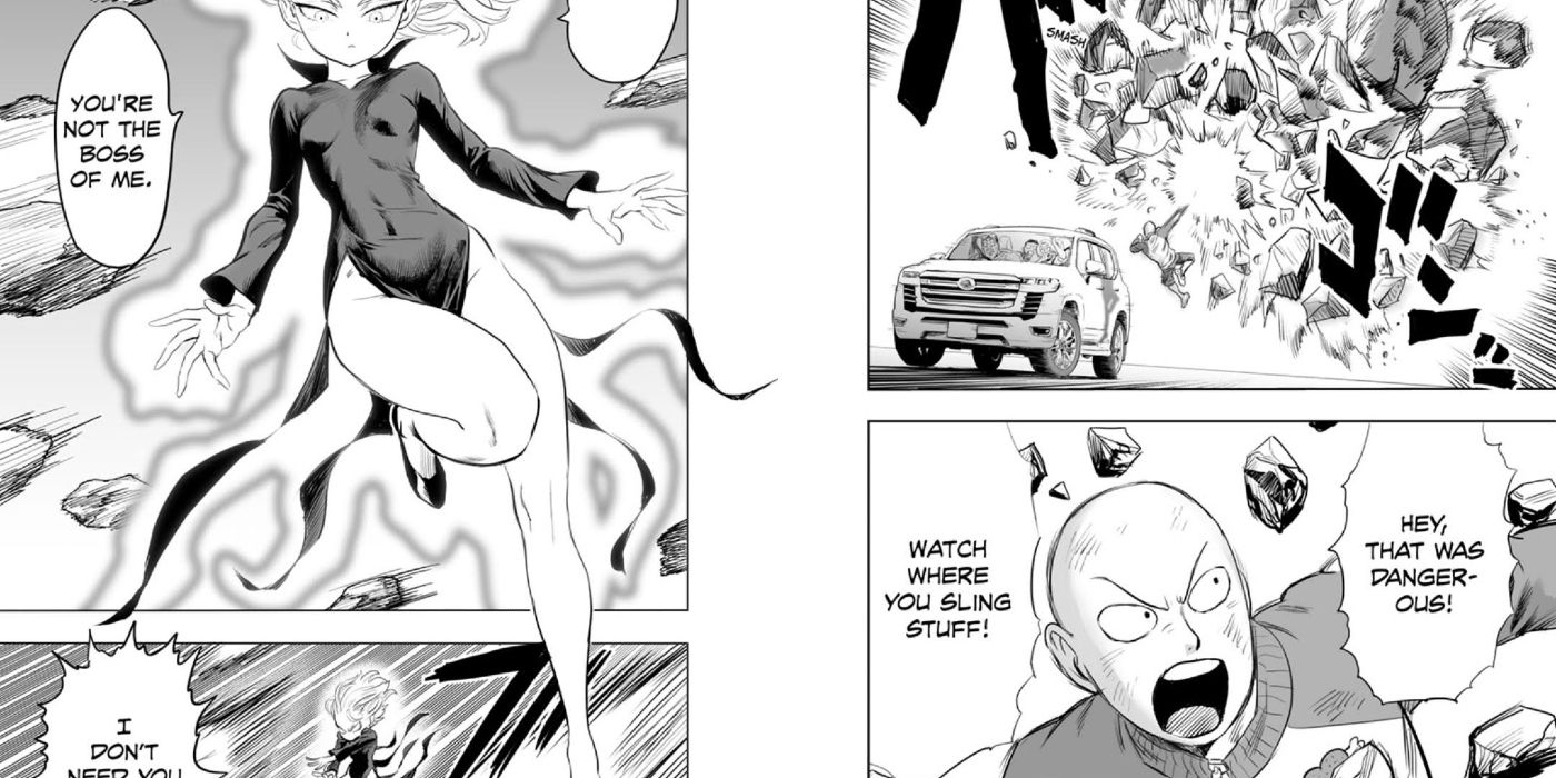 Tornado jogando pedras em Saitama em One-Punch Man