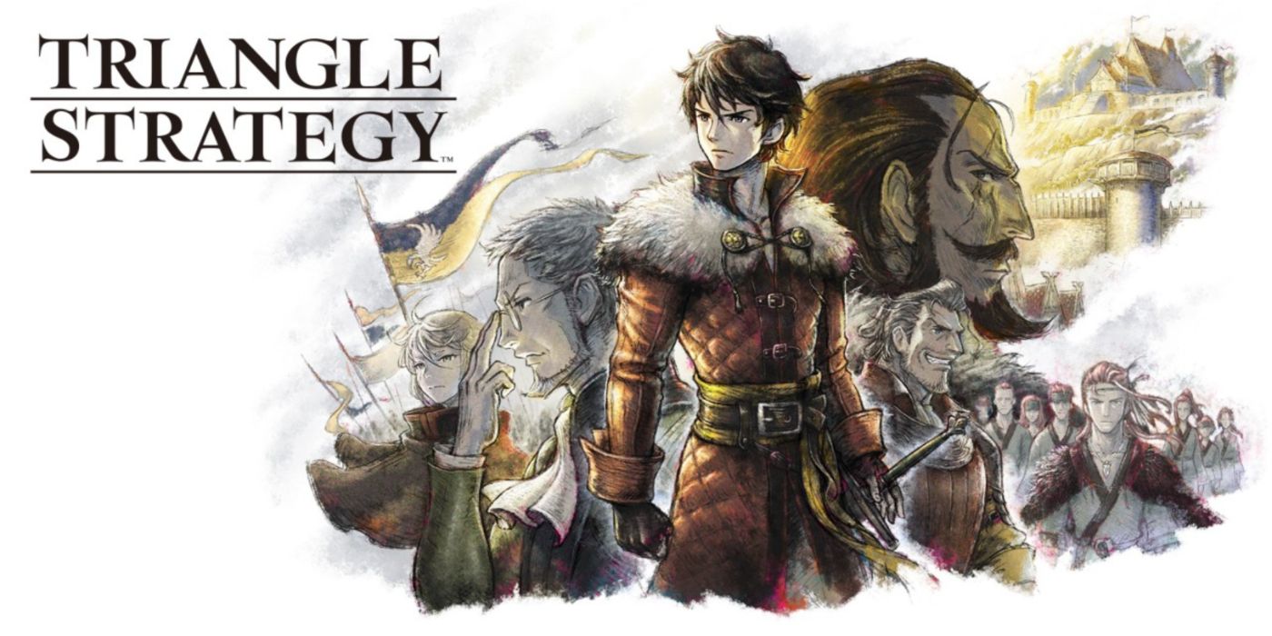 Arte-chave da Triangle Strategy com uma colagem das facções de personagens do jogo.