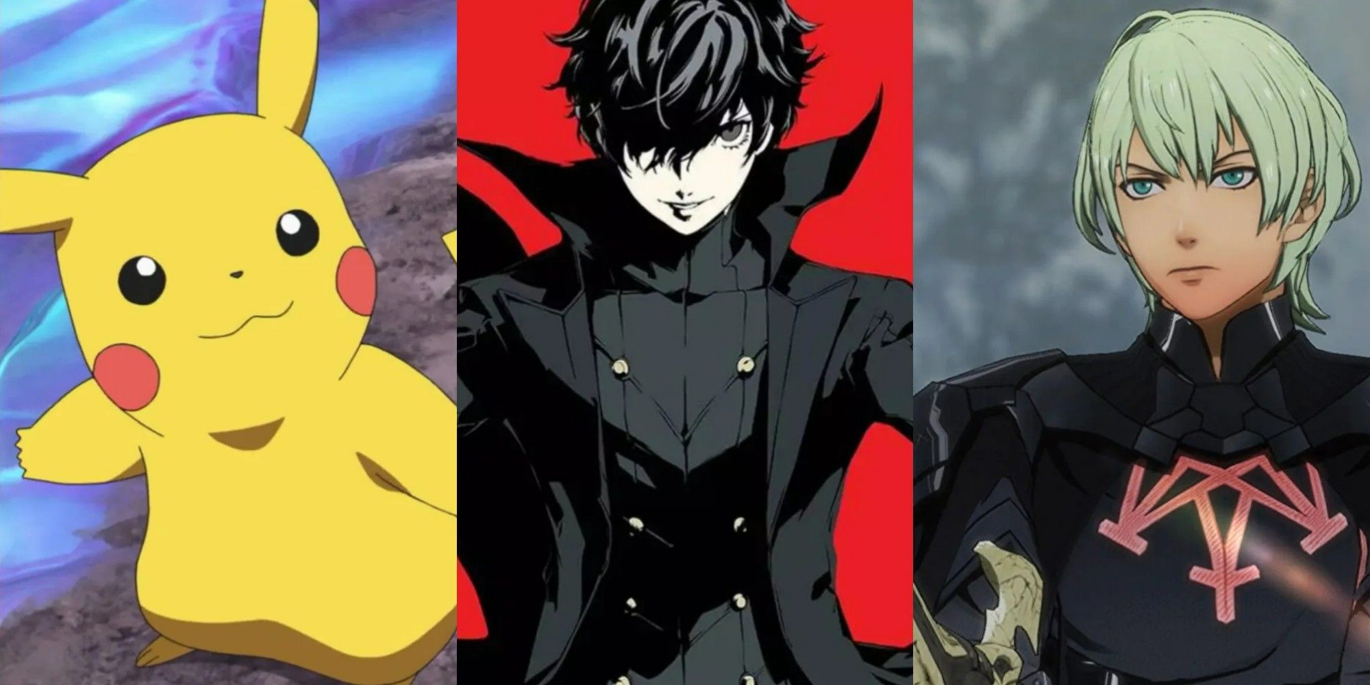 A split image of Pikachu from Pokemon, Joker from Persona 5, and Byleth from Fire Emblem