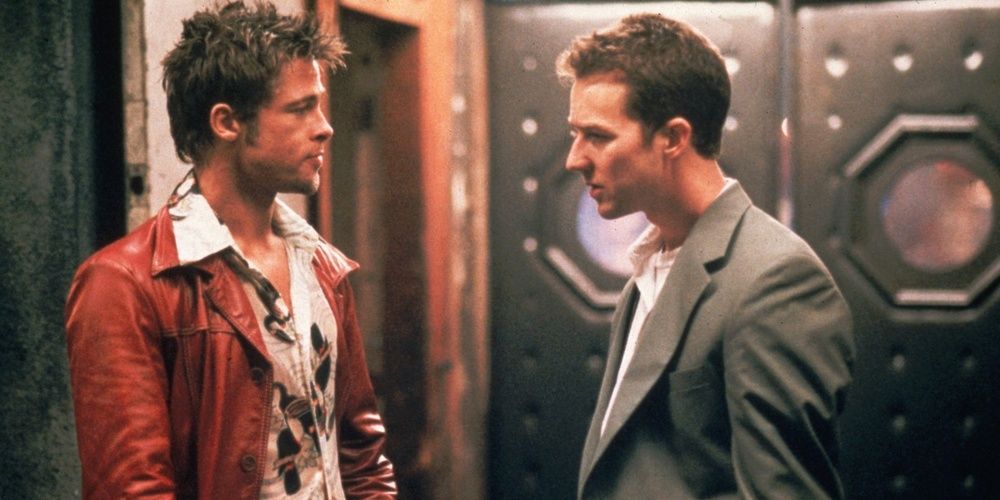 Tyler Durden looks at the Narrator in Fight Club