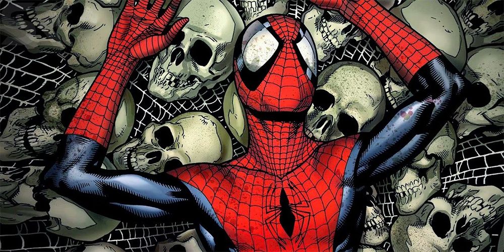 Ultimate Spider-Man lays on a pile of skulls