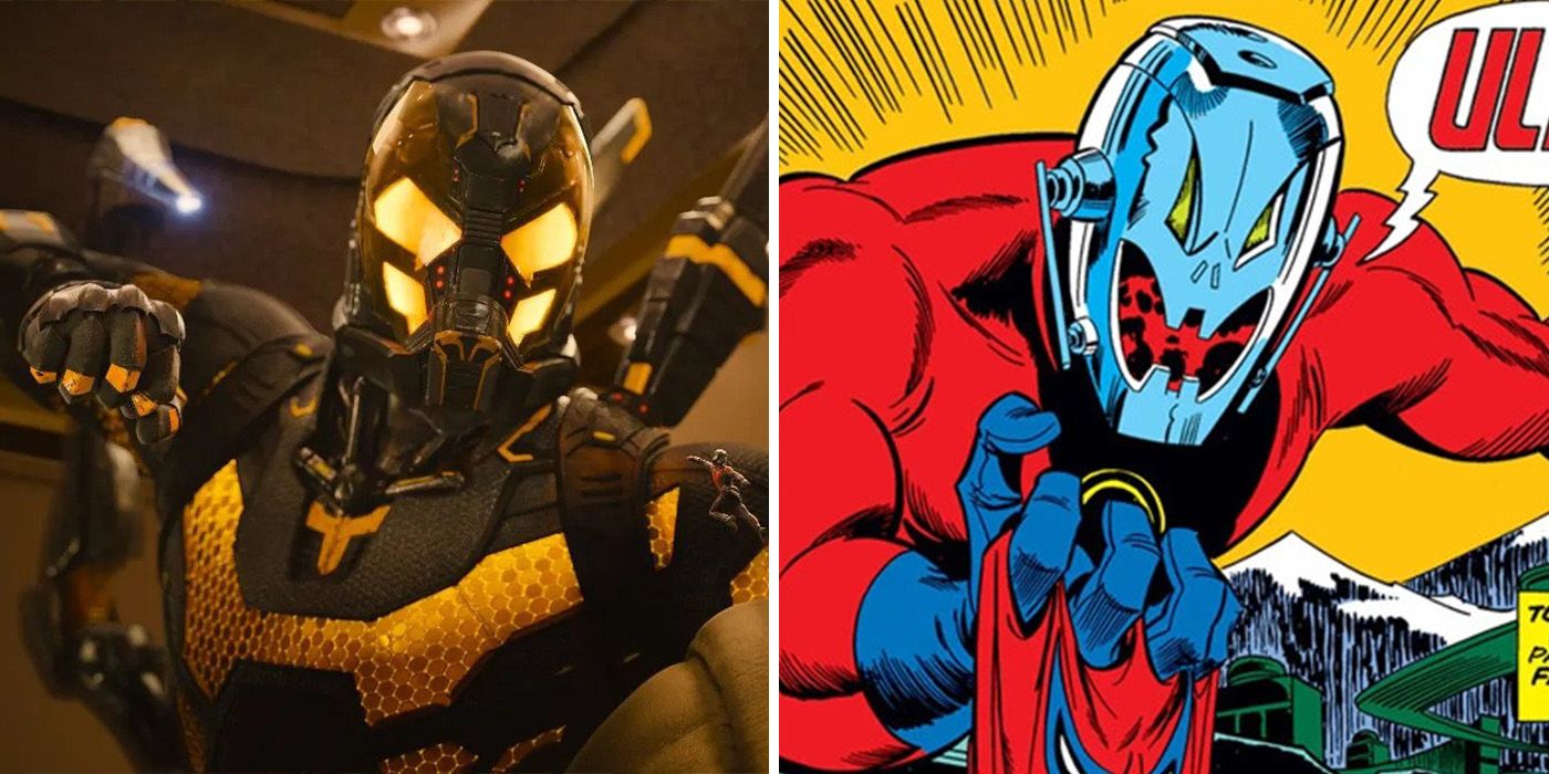 split image of Yellowjacket MCU and Ultron Silver Age comics