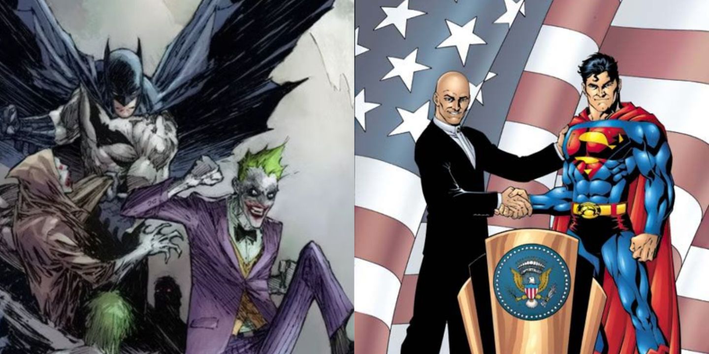 A split image of Batman & Joker and Lex Luthor & Superman in DC Comics