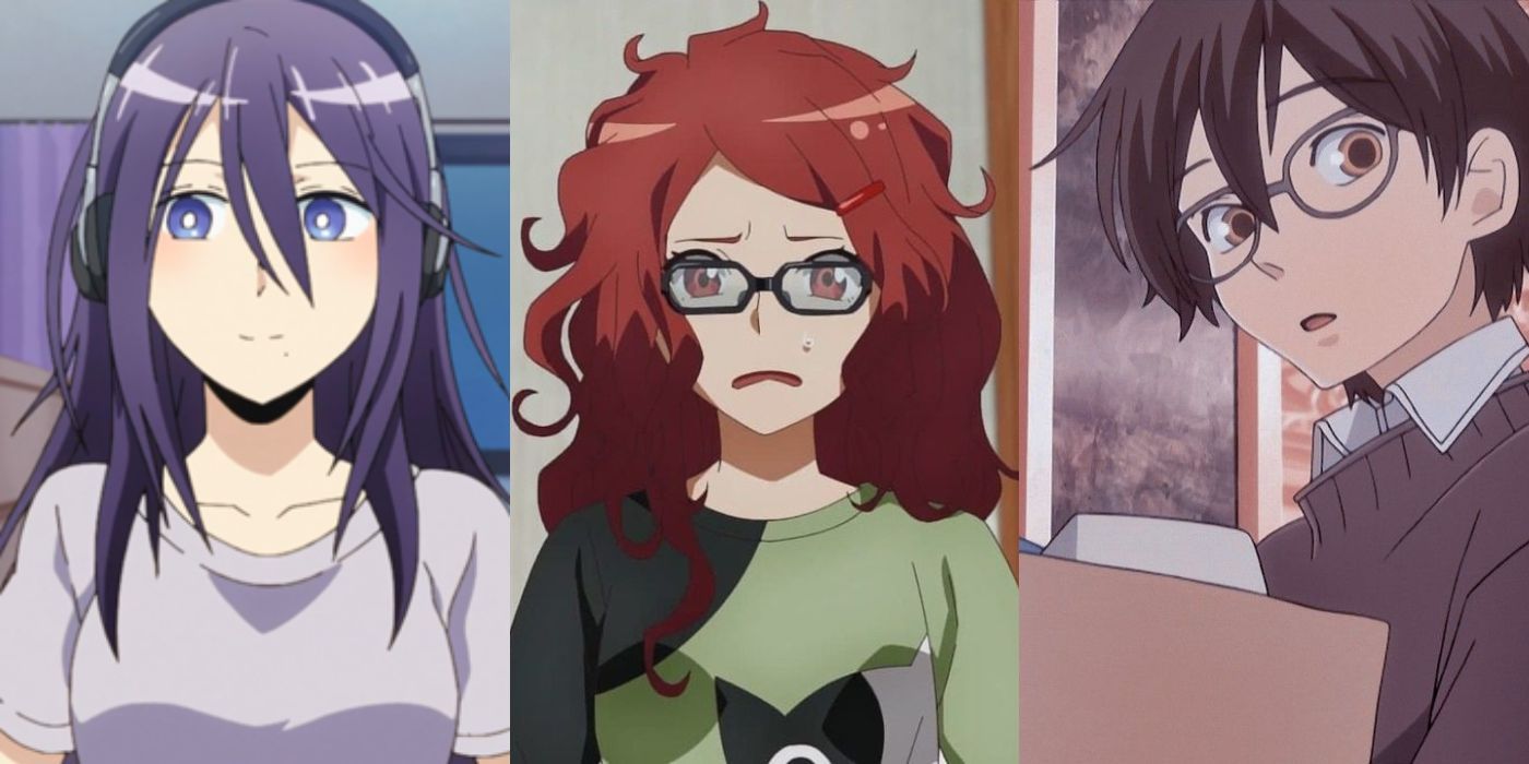 Moriko Morioka with headphones on from Recovery of an MMO Junkie; Anzu Hoshino with messy hair, glasses, and a green cat shirt from Romantic Killer; Haruhi Fujioka with her original glasses and grey sweater uniform from Ouran High School Host Club. 