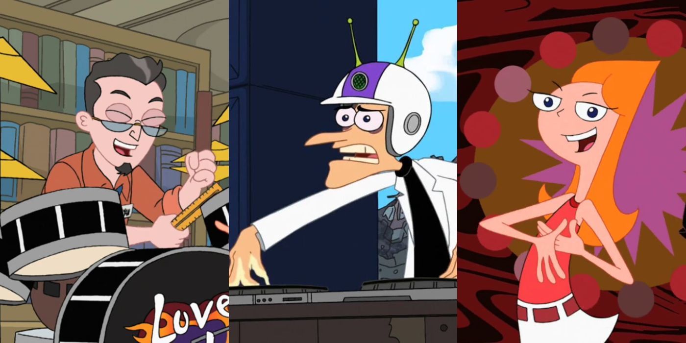Sherman from Love Handel; Dr. Doofenshmirtz with the mind control helmet; Candace Flynn singing Busted from Phineas and Ferb. 