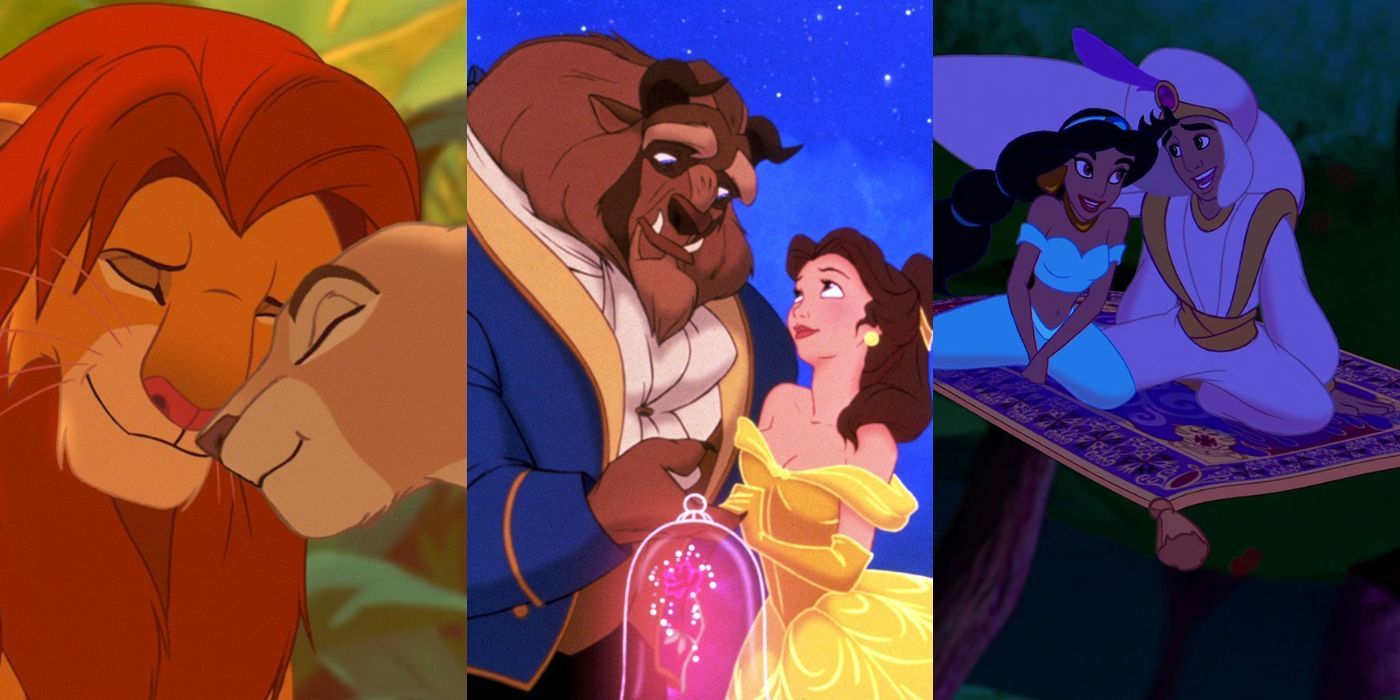 Simba and Nala nuzzling from The Lion King; Beast and Belle in formal attire gazing into each other’s eyes from Beauty and the Beast; Aladdin and Jasmine gazing into each other’s eyes as they ride the magic carpet through a forest from Aladdin. 