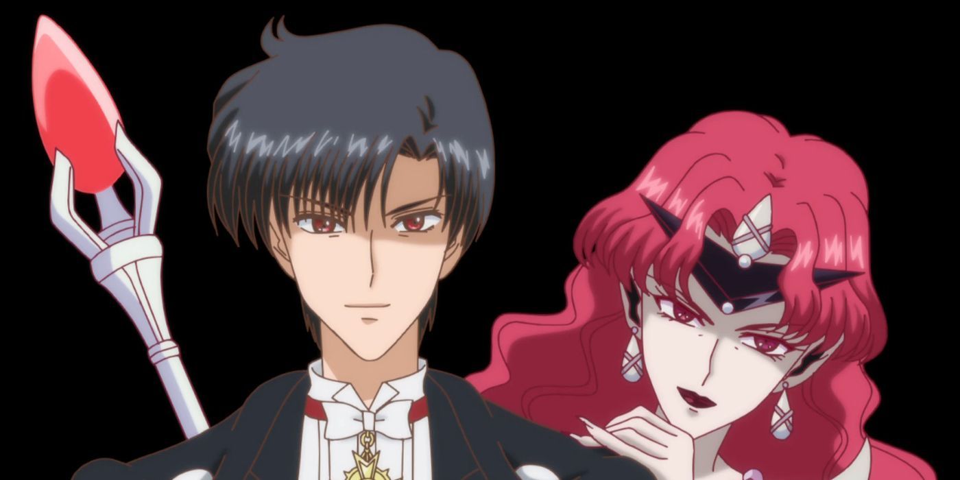 A possessed Tuxedo Mask standing protectively in front of Queen Beryl from Sailor Moon. 