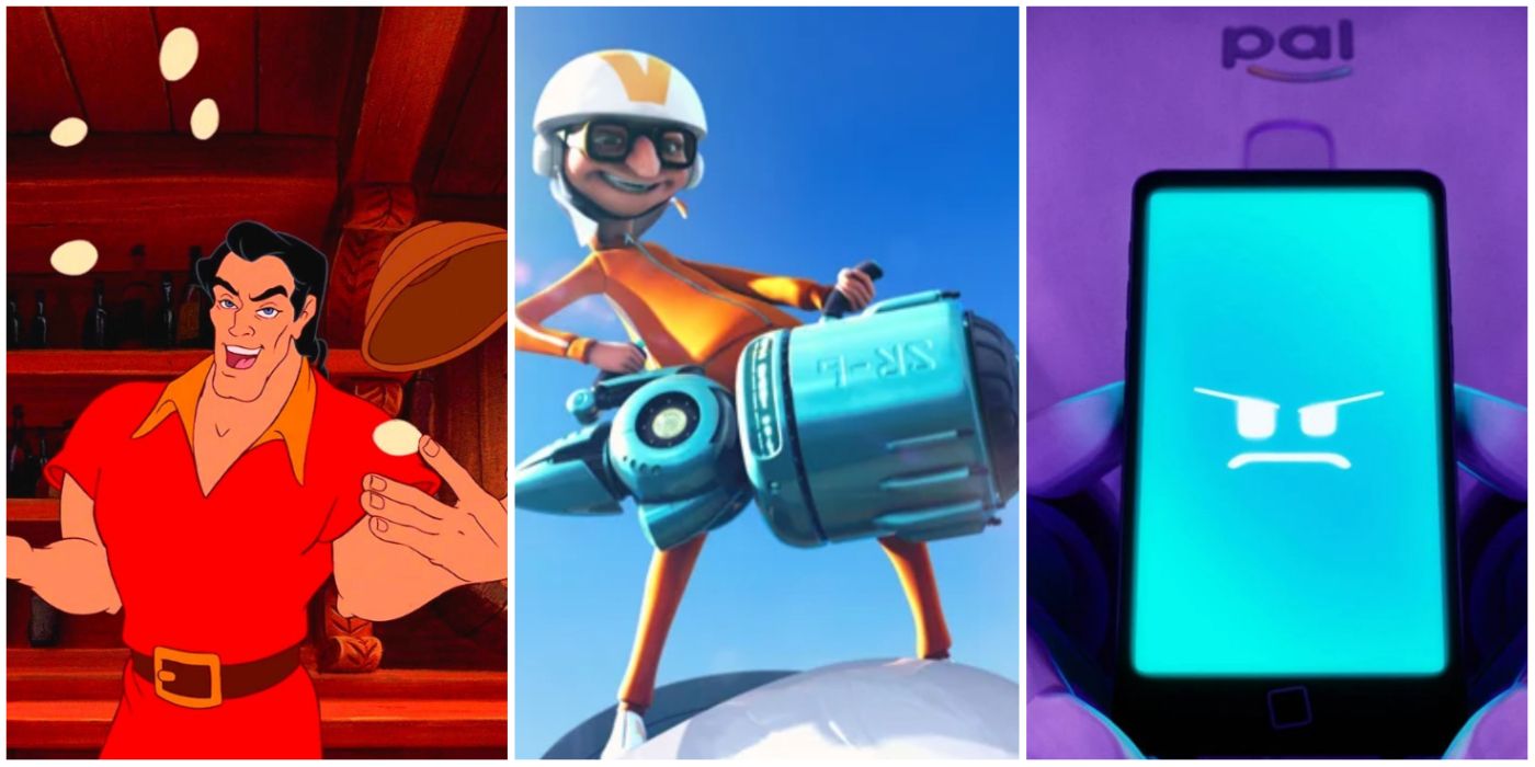 Vector from Despicable Me, Gaston from Beauty, and Hal from Mitchells VS The Machines split image