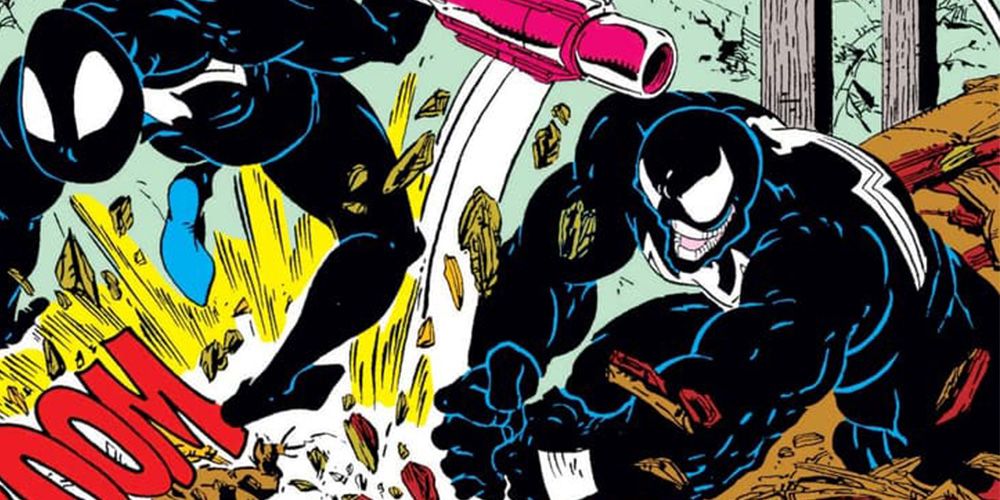 Venom slamming the ground as Spider-Man helplessly flies away. 
