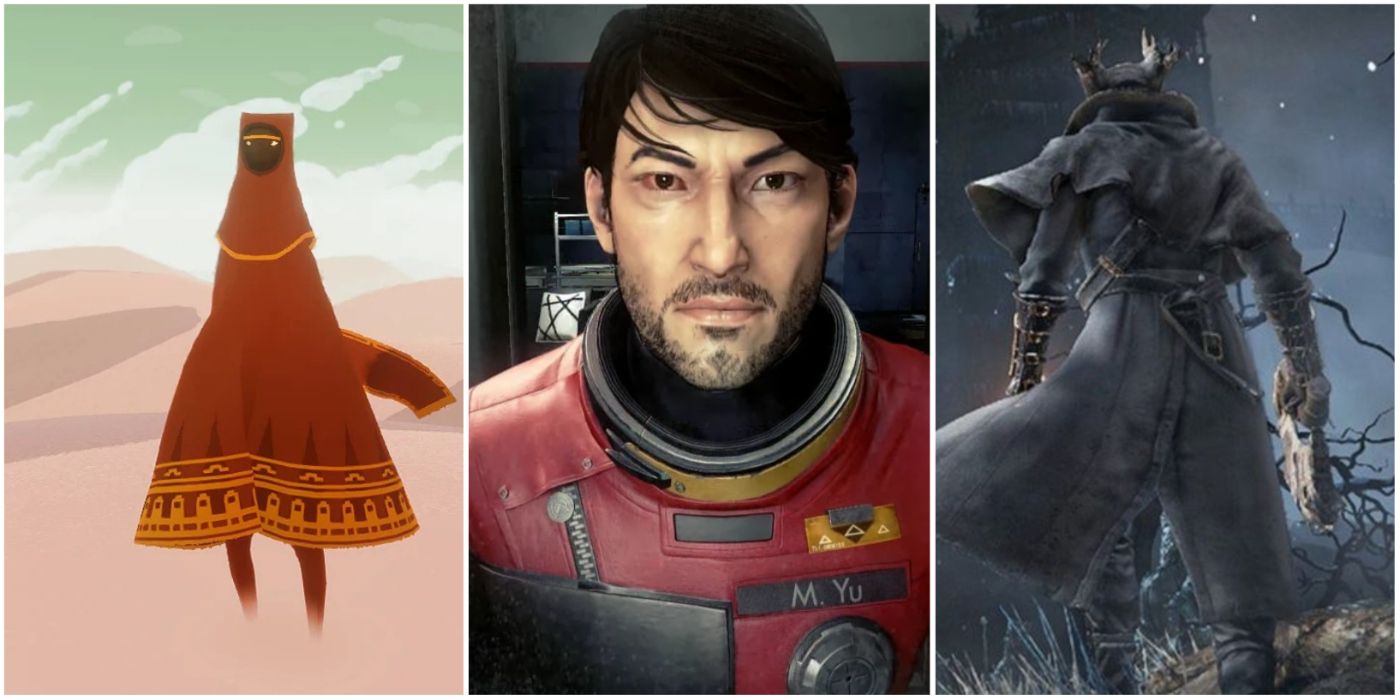 A split image of the Traveler in Journey, Morgan Yu in Prey, and the Hunter in Bloodborne