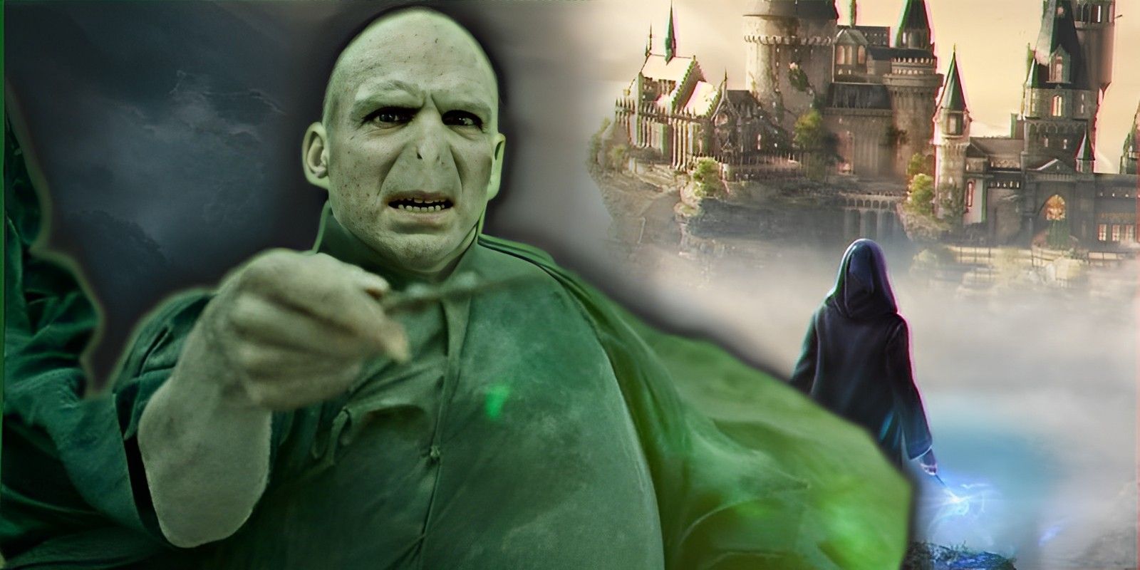Voldemort casting Avada Kedavra over an image of Hogwarts Legacy