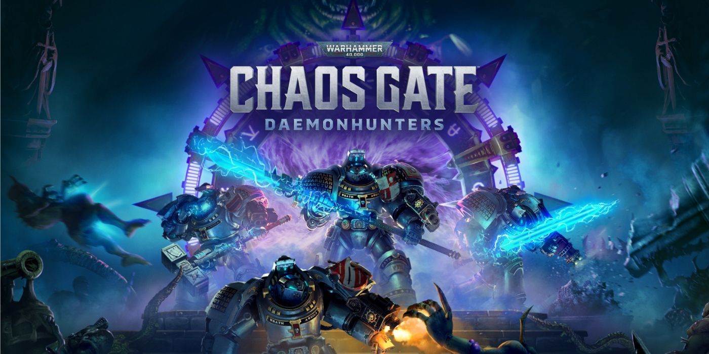 Warhammer 40K: Chaos Gate - Daemonhunters promo featuring a squad of Grey Knights in action.
