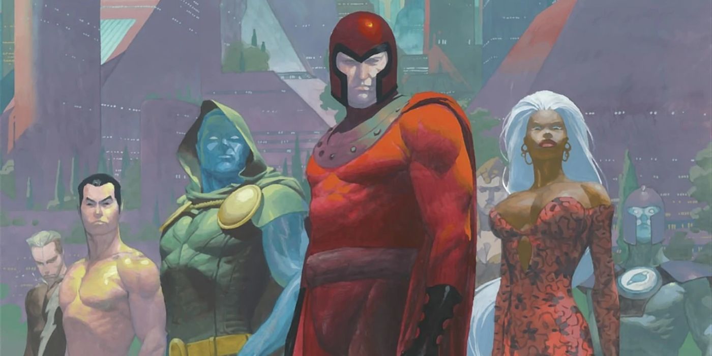 Magneto, Doctor Doom, Storm, Black Panther and Quicksilver stand in House of M