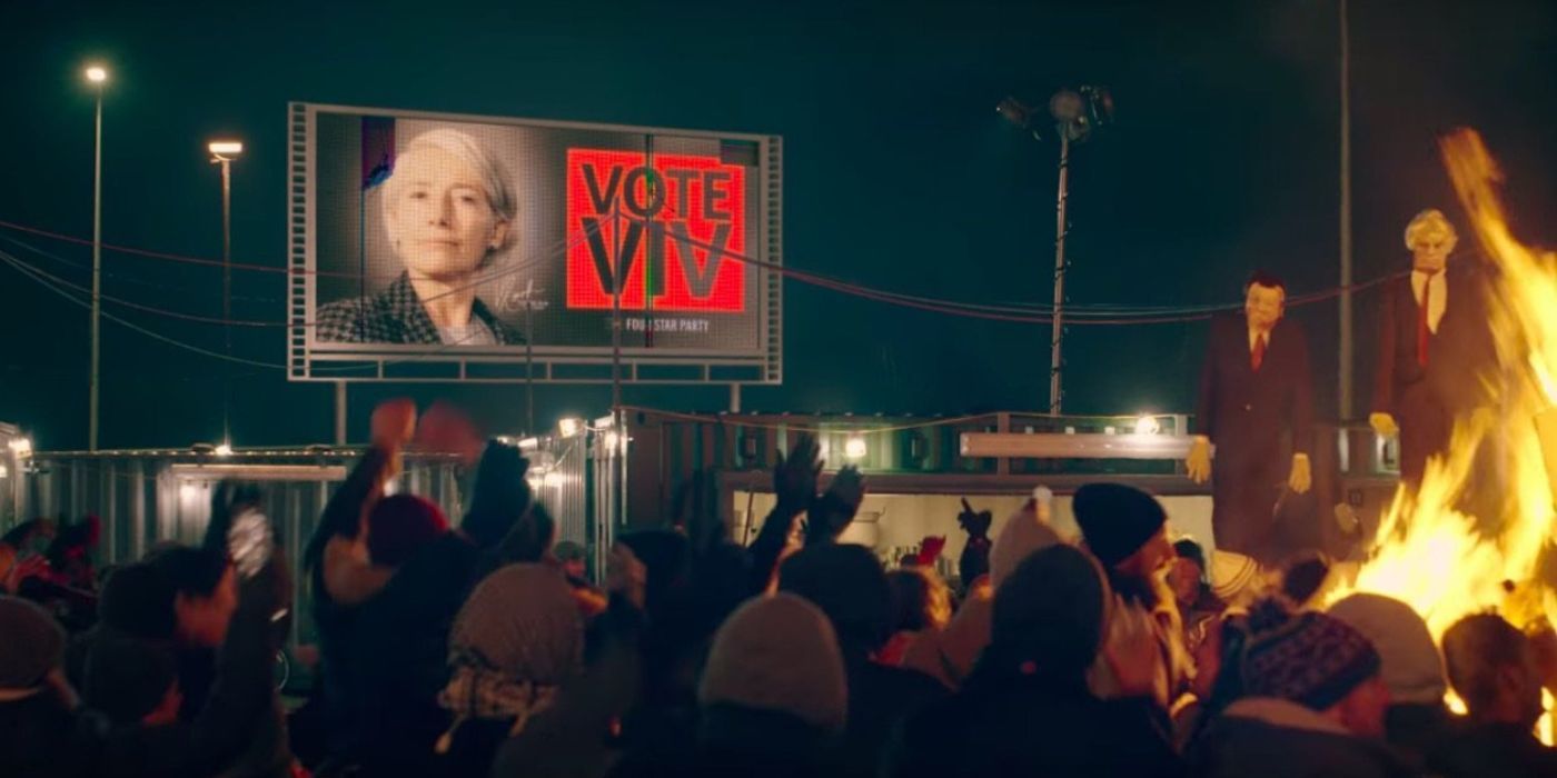 On Years and Years, a Vote Viv ad for Vivienne Rook is the backdrop of a fiery rally.