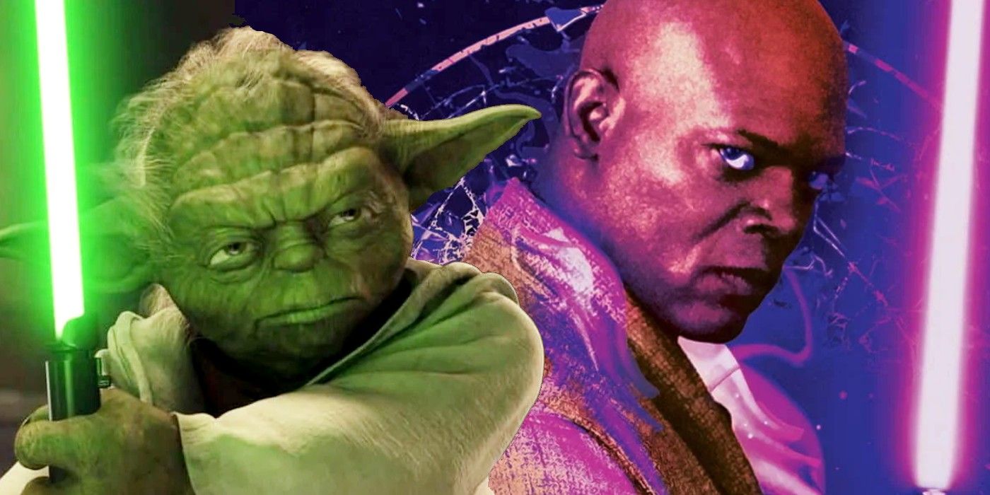 Yoda and Mace Windu stand back to back while brandishing their lightsabers