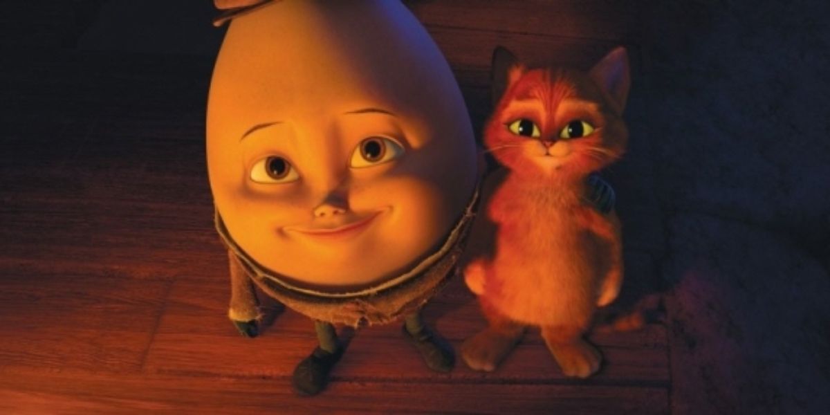 O jovem Humpty Dumpty e o Gato juntos no filme O Gato de Botas.