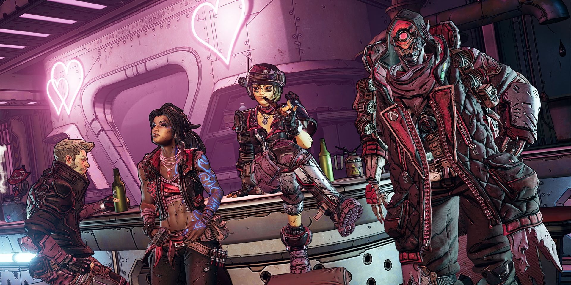 Zane, Amara, Moze e FL4K em um bar em Borderlands 3