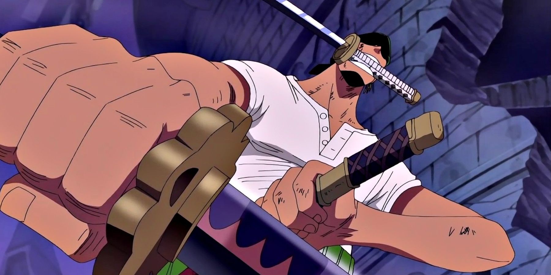 Zoro from One Piece with three swords in Thriller Bark