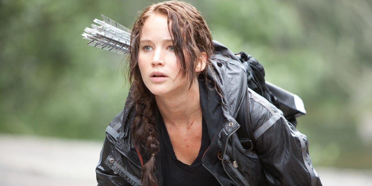 Jennifer Lawrence looks worried as Katniss Everdeen in The Hunger Games.