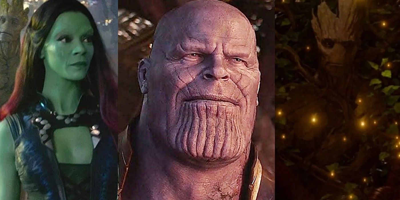 10 Best Alien Characters In The MCU Feature Image: Gamora, Thanos, and Groot