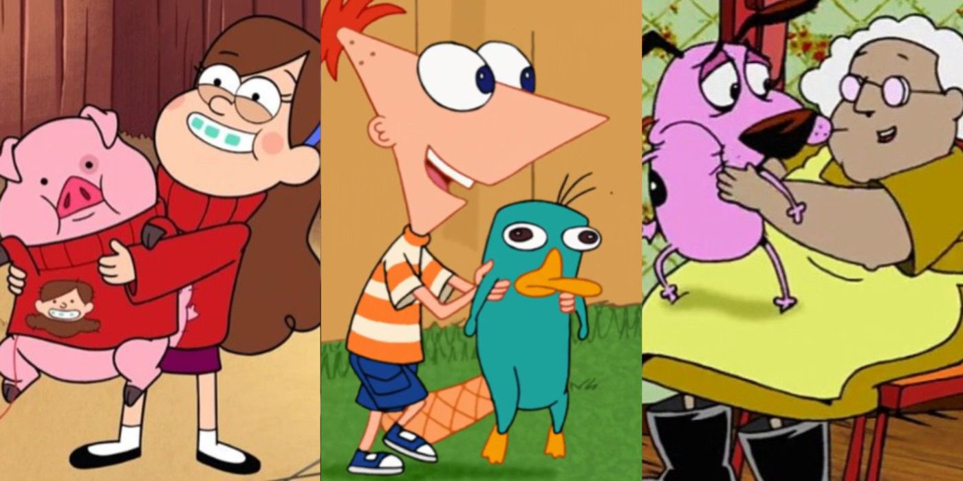 Mabel holding Waddles | Phineas holding Perry | Muriel holding Courage