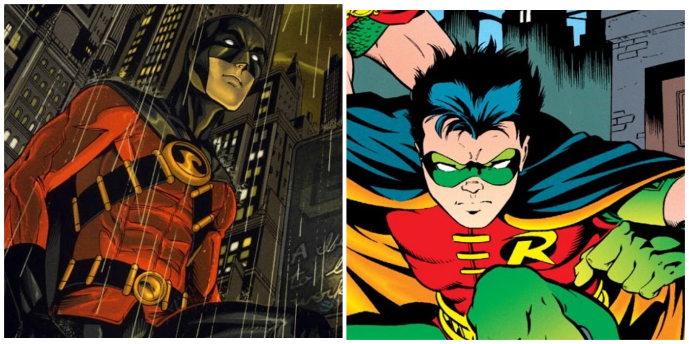 Split image of Tim Drake in his Red Robin outfit and Robin outfit
